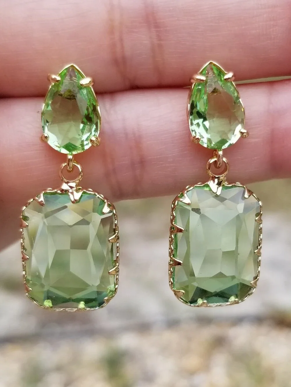 14k Gold Peridot Stud Earrings, Rectangular Peridot Dangle Earrings, Green Stone